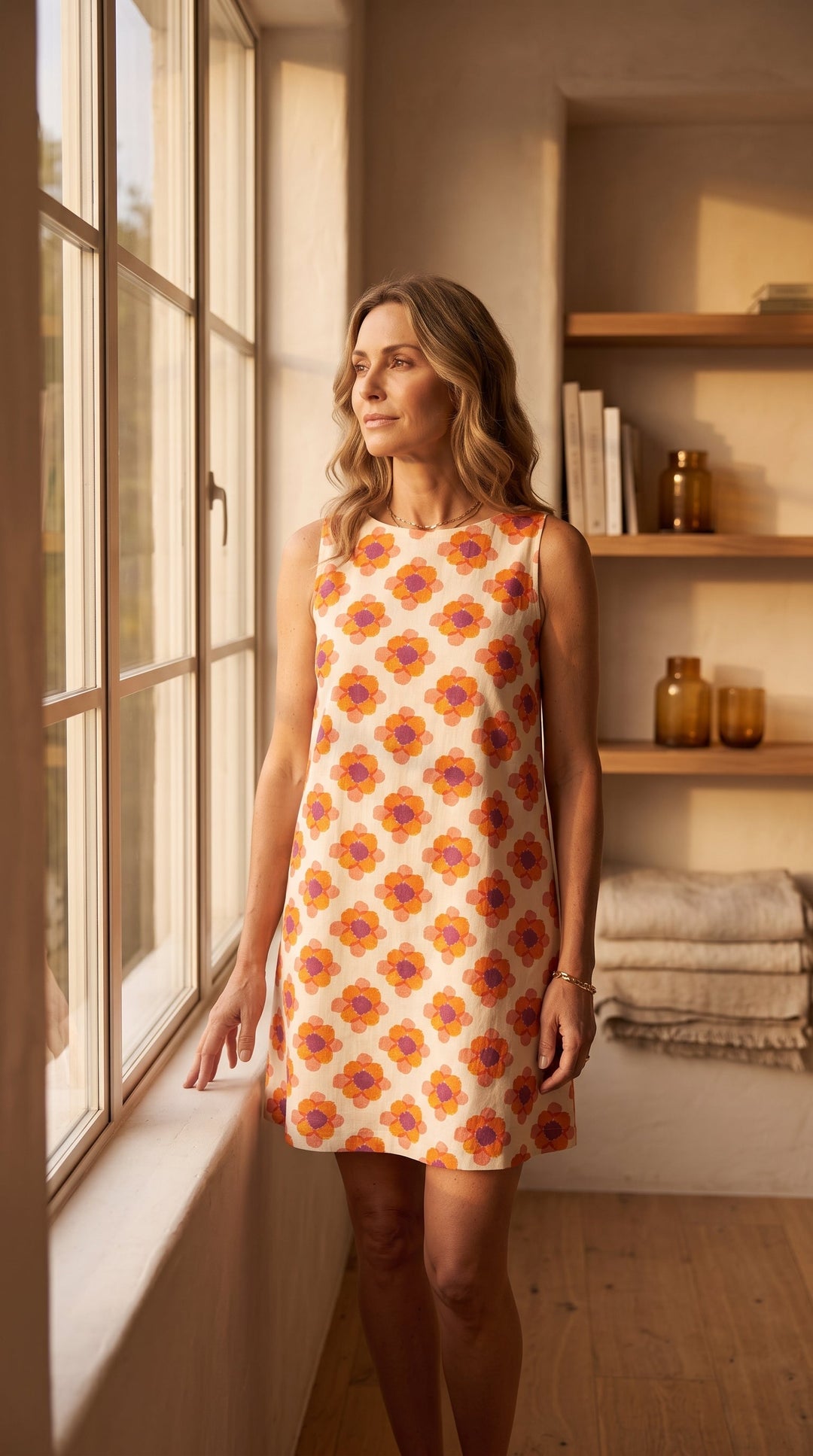 Robe Marguerite · trapèze courte, imprimé fleuri rétro