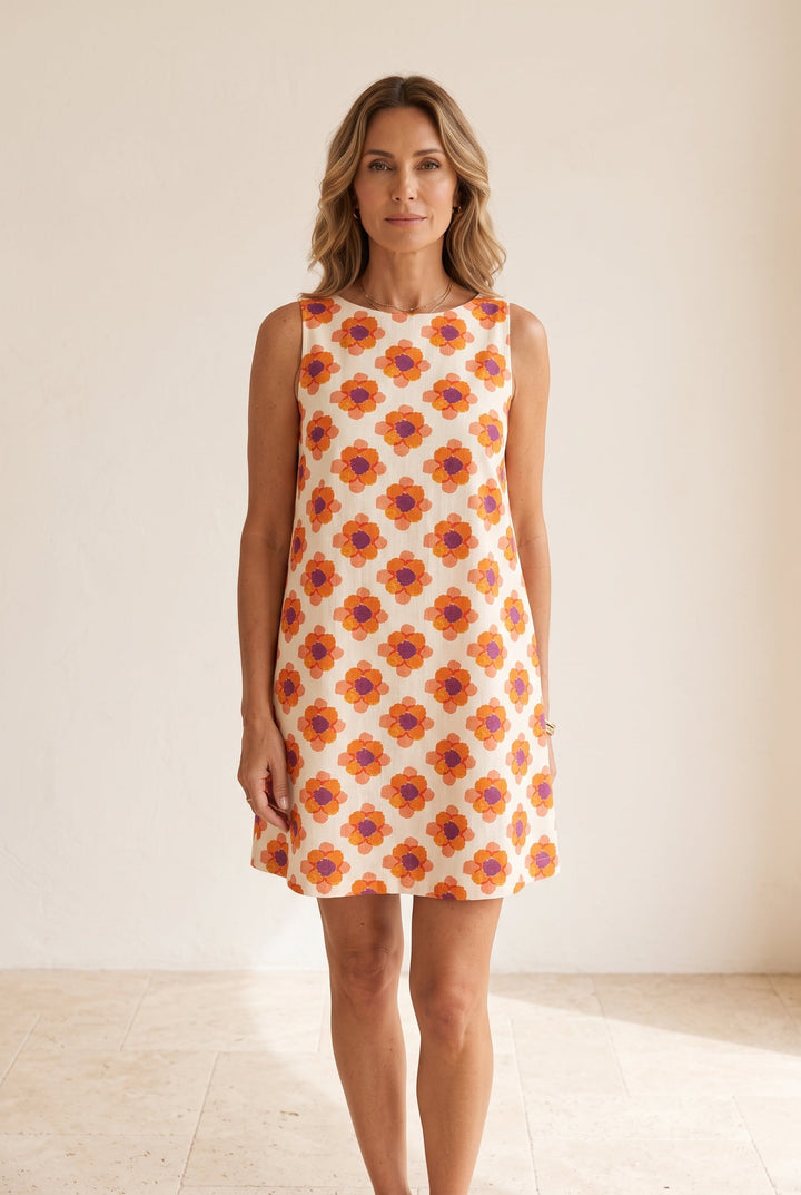Robe Marguerite · trapèze courte, imprimé fleuri rétro
