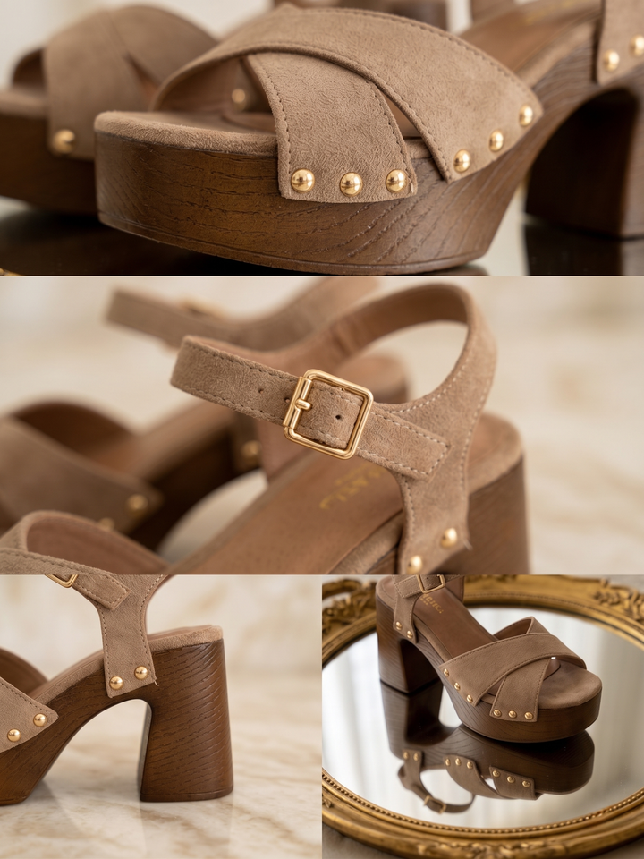 Sandales Gaia · taupe, brides croisées et clous dorés