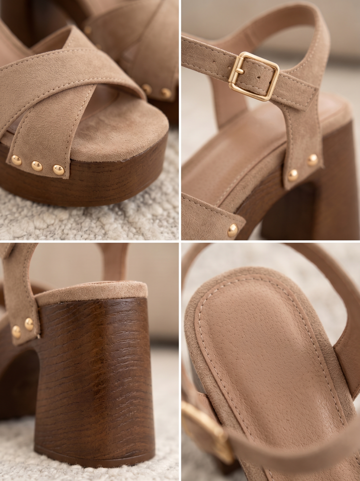 Sandales Gaia · taupe, brides croisées et clous dorés